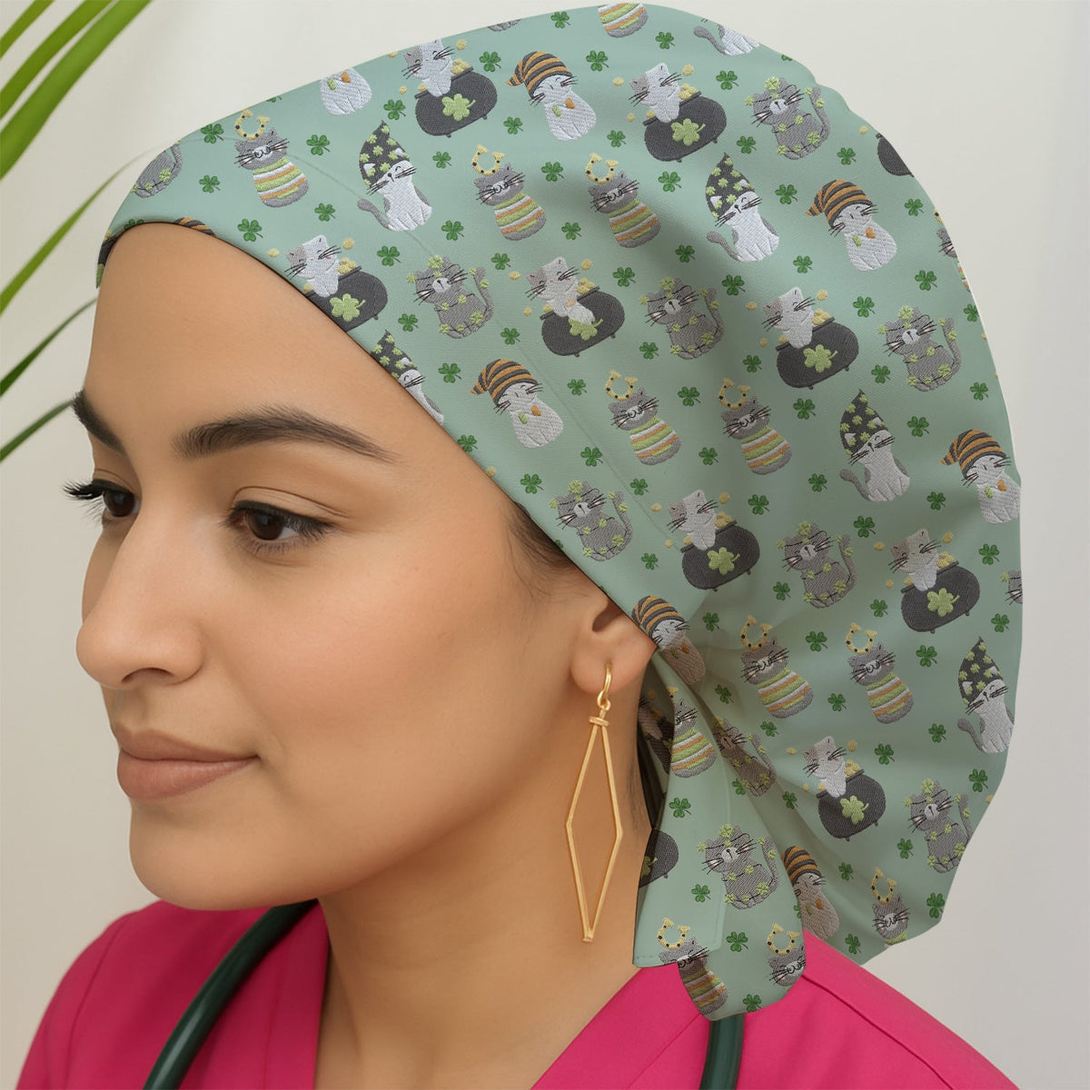 St Patrick Lucky Cat Shamrock Scrub Cap
