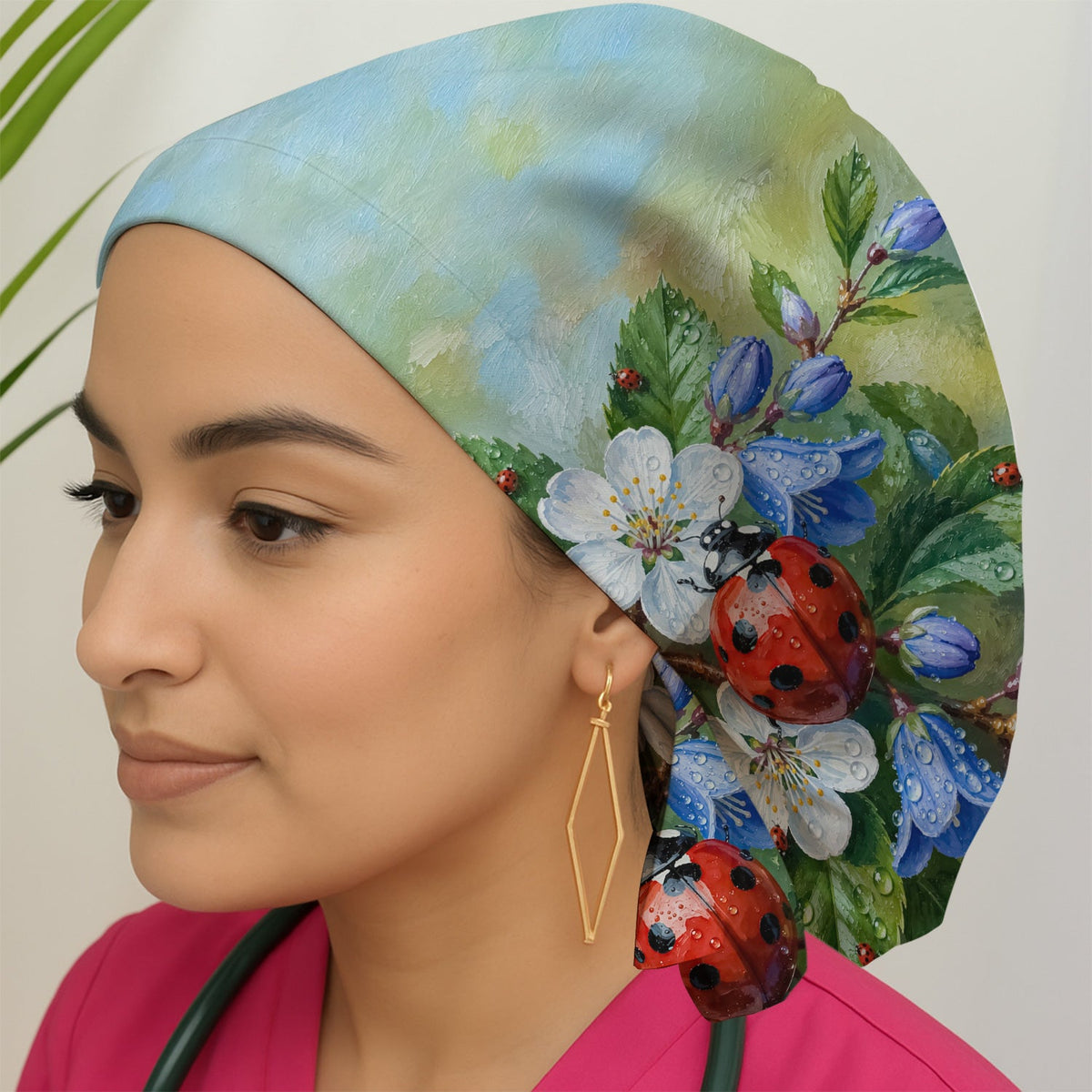Ladybug Blossom Garden Scrub Cap