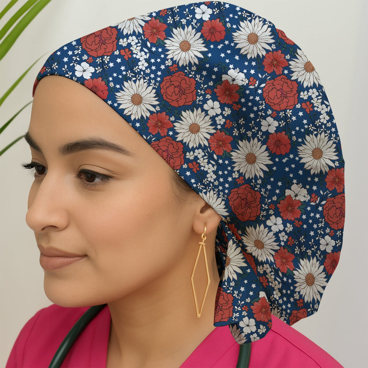 Red White Blue Floral Scrub Cap