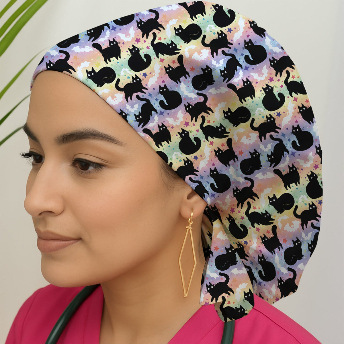 Pastel Star Black Cat Nurse Scrub Cap