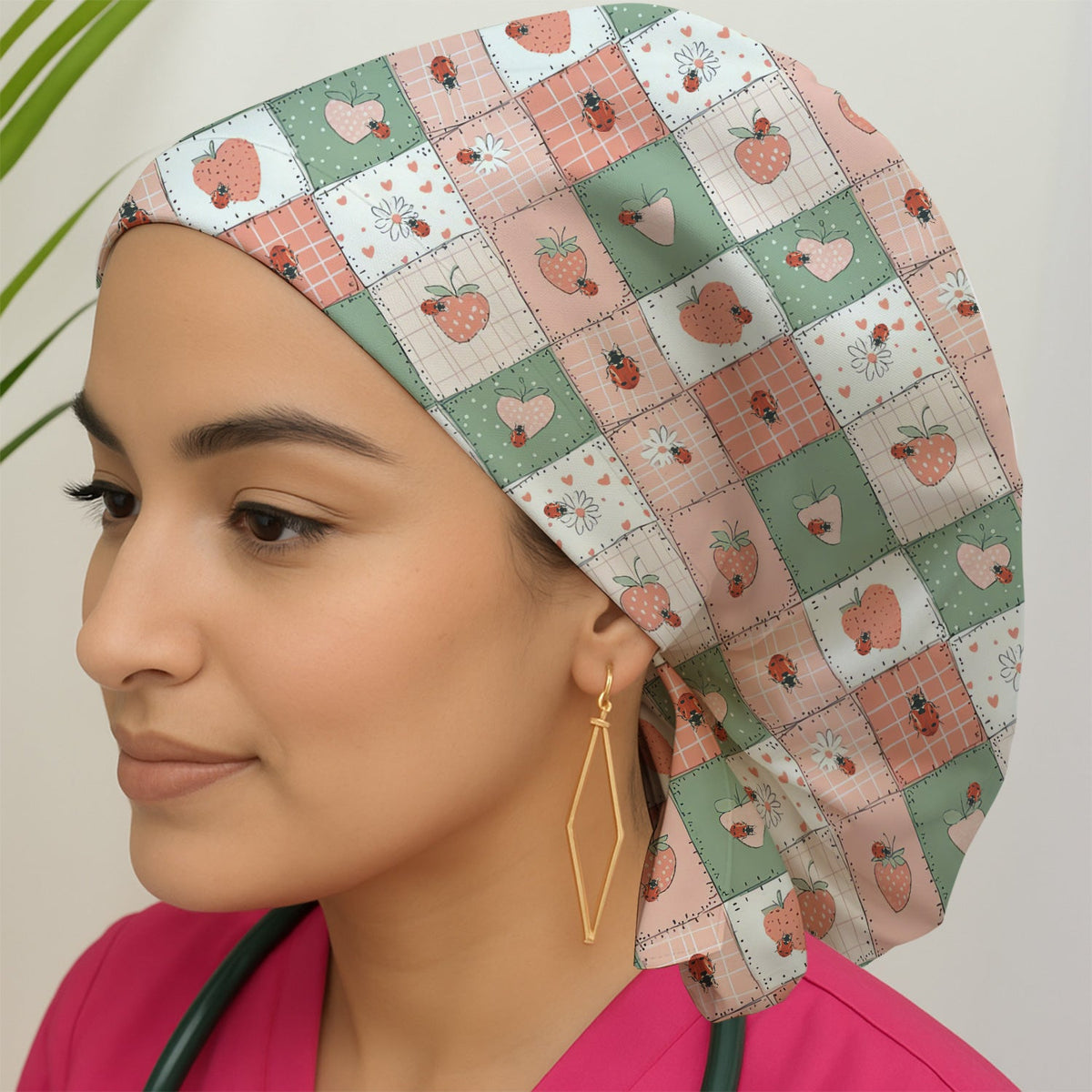 Strawberry Ladybug Patchwork Scrub Cap