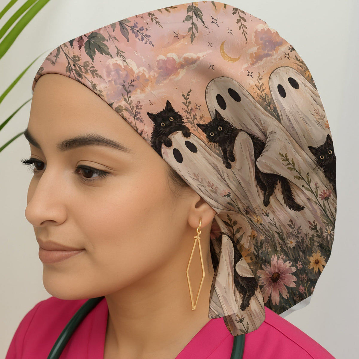 Ghosts Black Cats Scrub Cap - Halloween Gift For Nurse