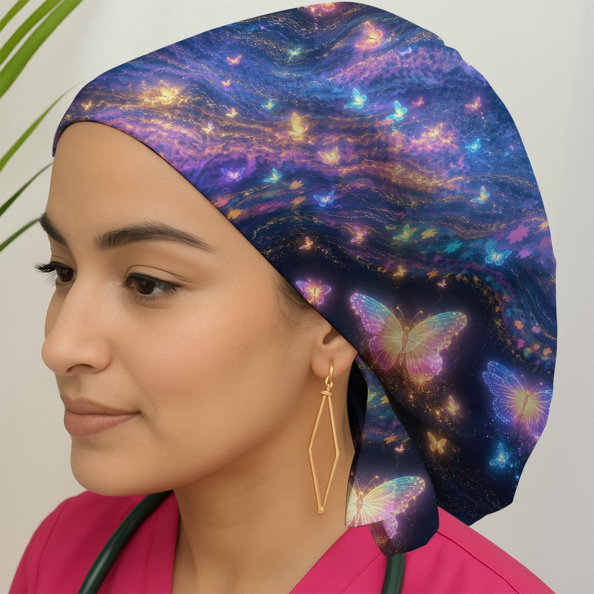 Neon Butterfly Galaxy Marble Scrub Cap
