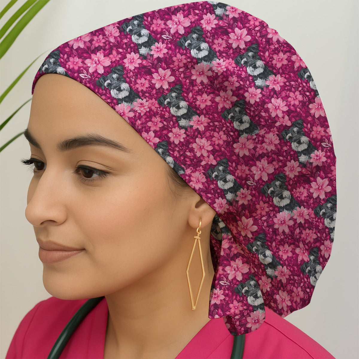 Pink Floral Schnauzer Scrub Cap