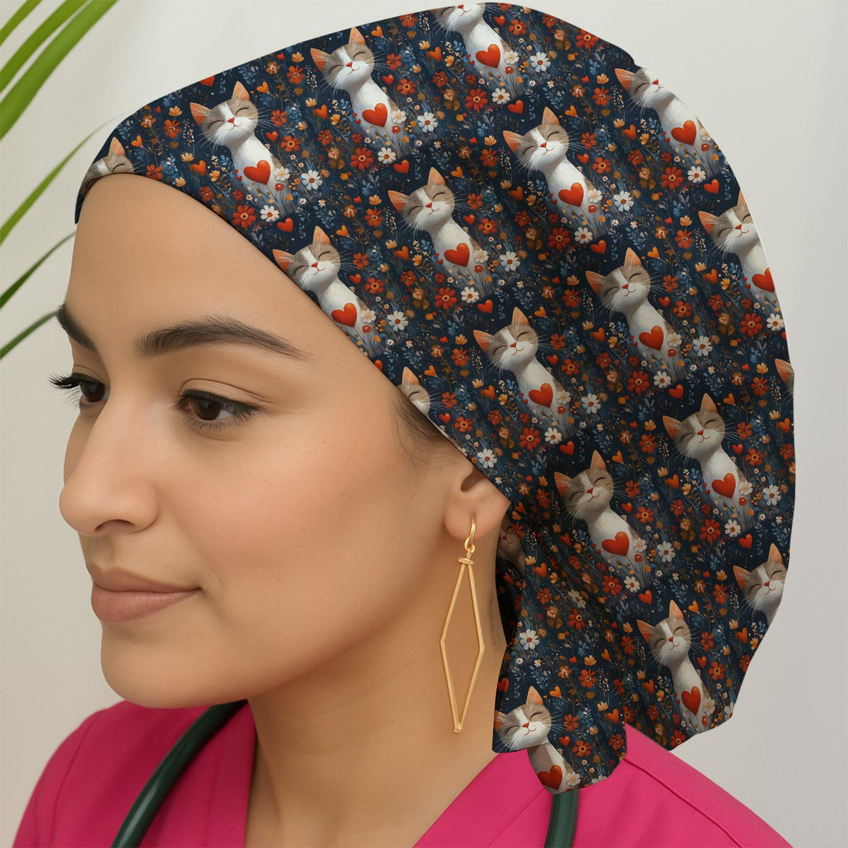 Cat Heart Floral Garden Scrub Cap