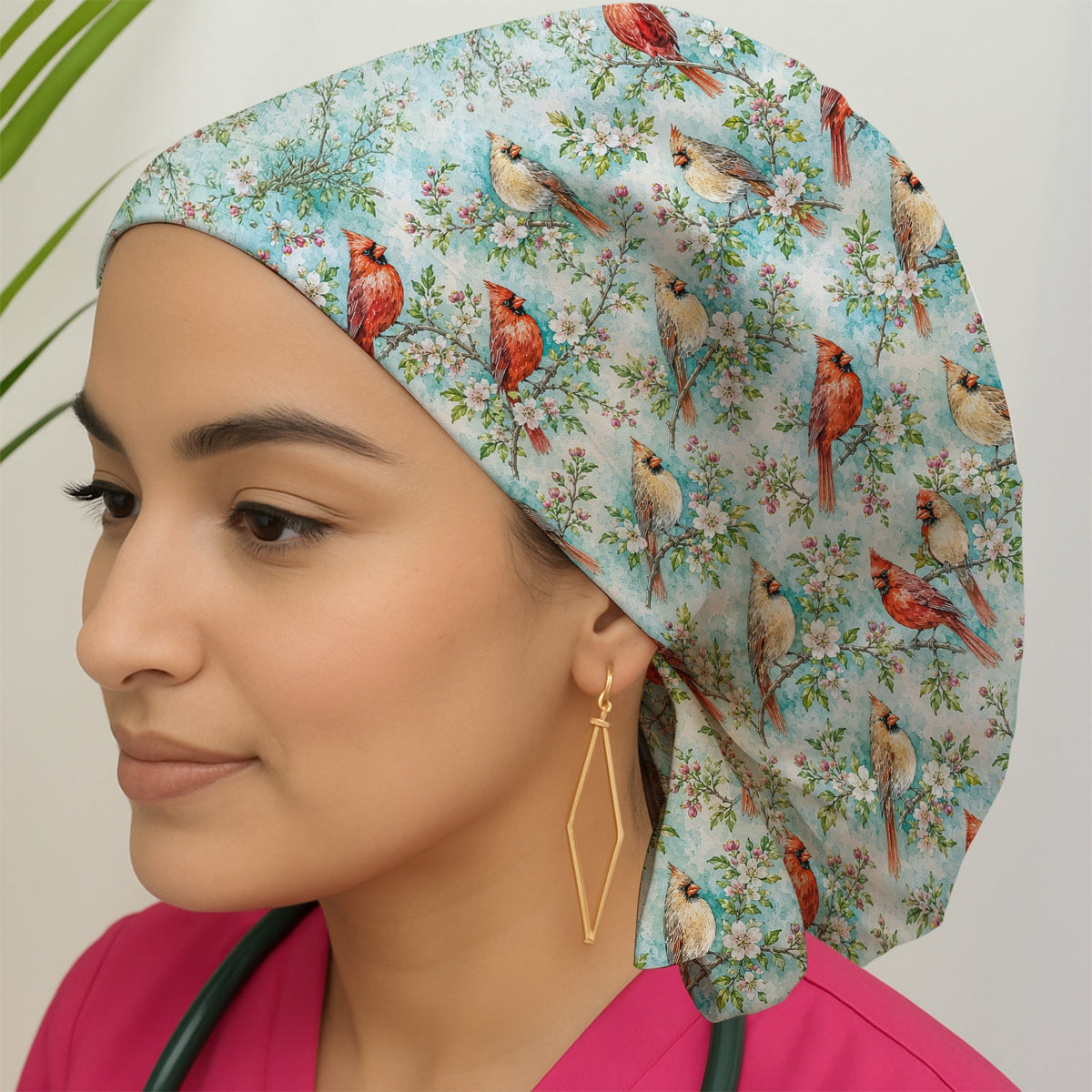 Cardinal Blossom Branch Scrub Cap