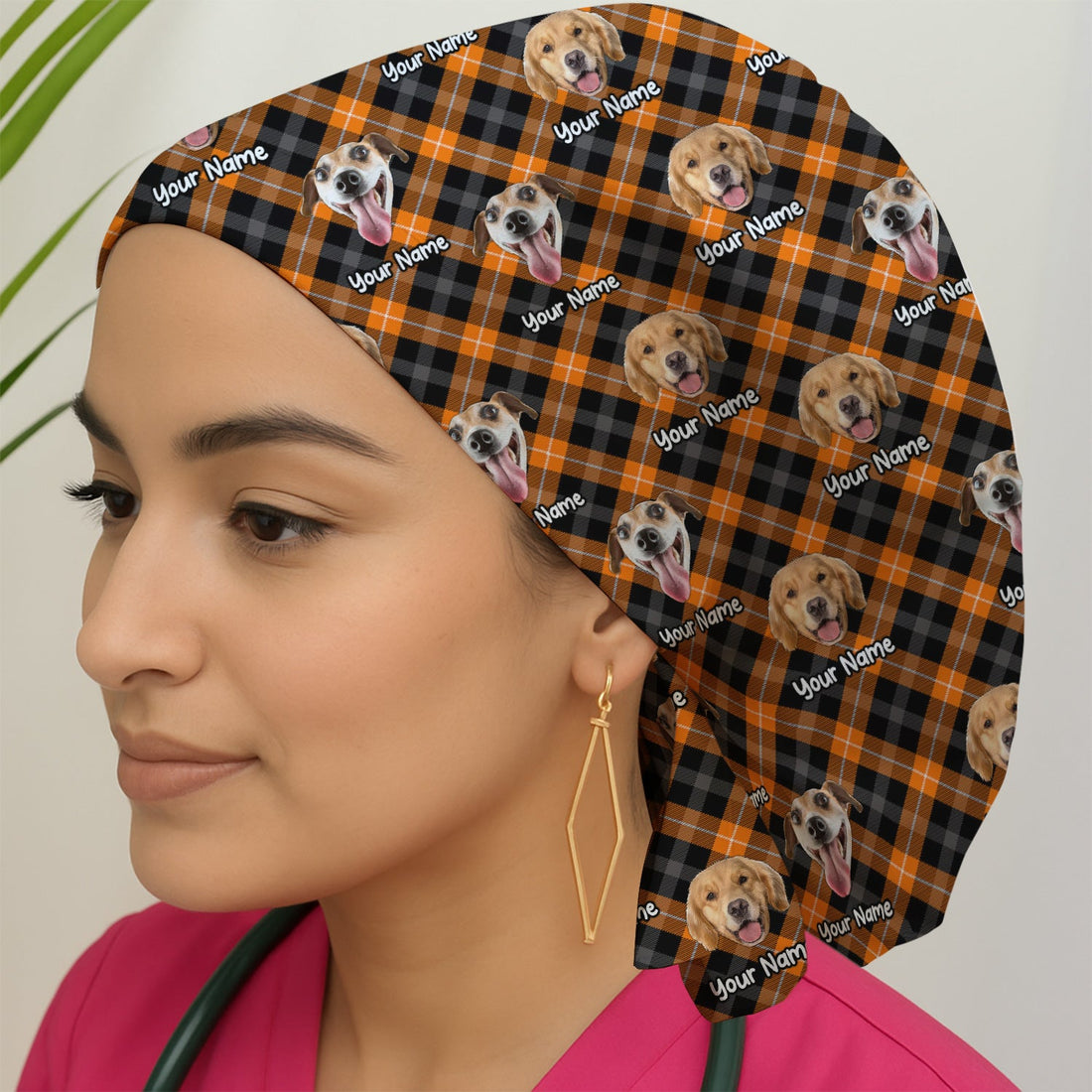 Personalized Halloween Dog Photo Plaid Scrub Cap