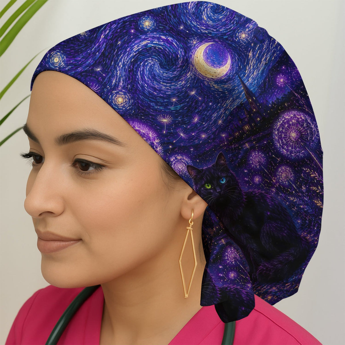 Mystical Black Cat Starry Night Scrub Cap