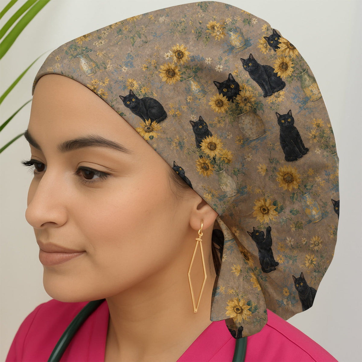 Rustic Sunflower Black Cat Scrub Cap