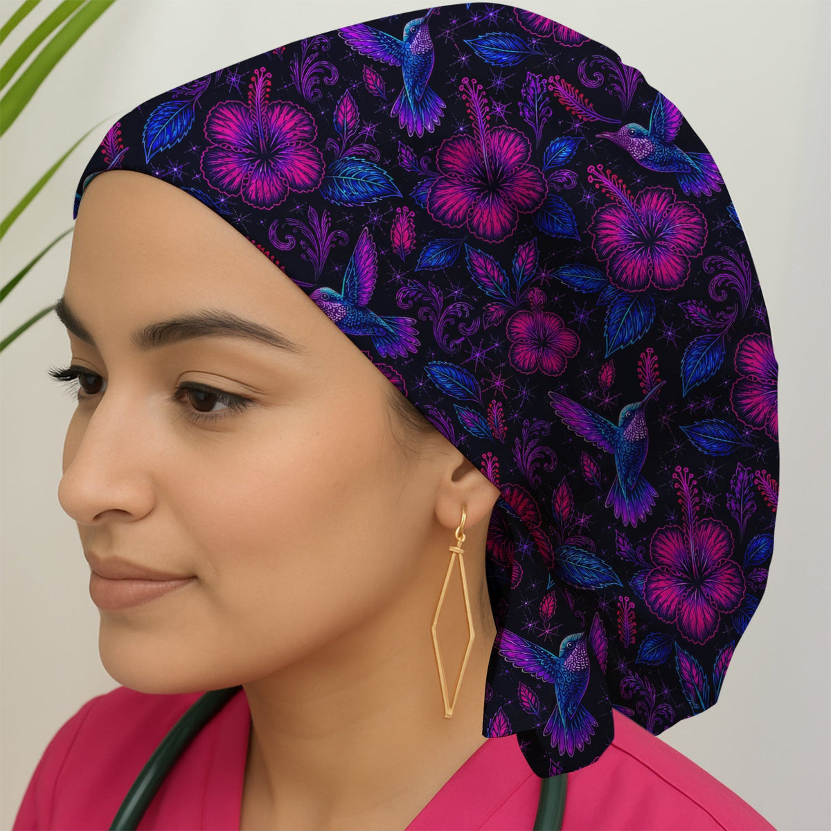 Tropical Hummingbird Hibiscus Floral Scrub Cap