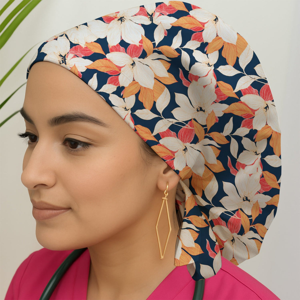 Elegant Ivory Lily Leaves Scrub Cap
