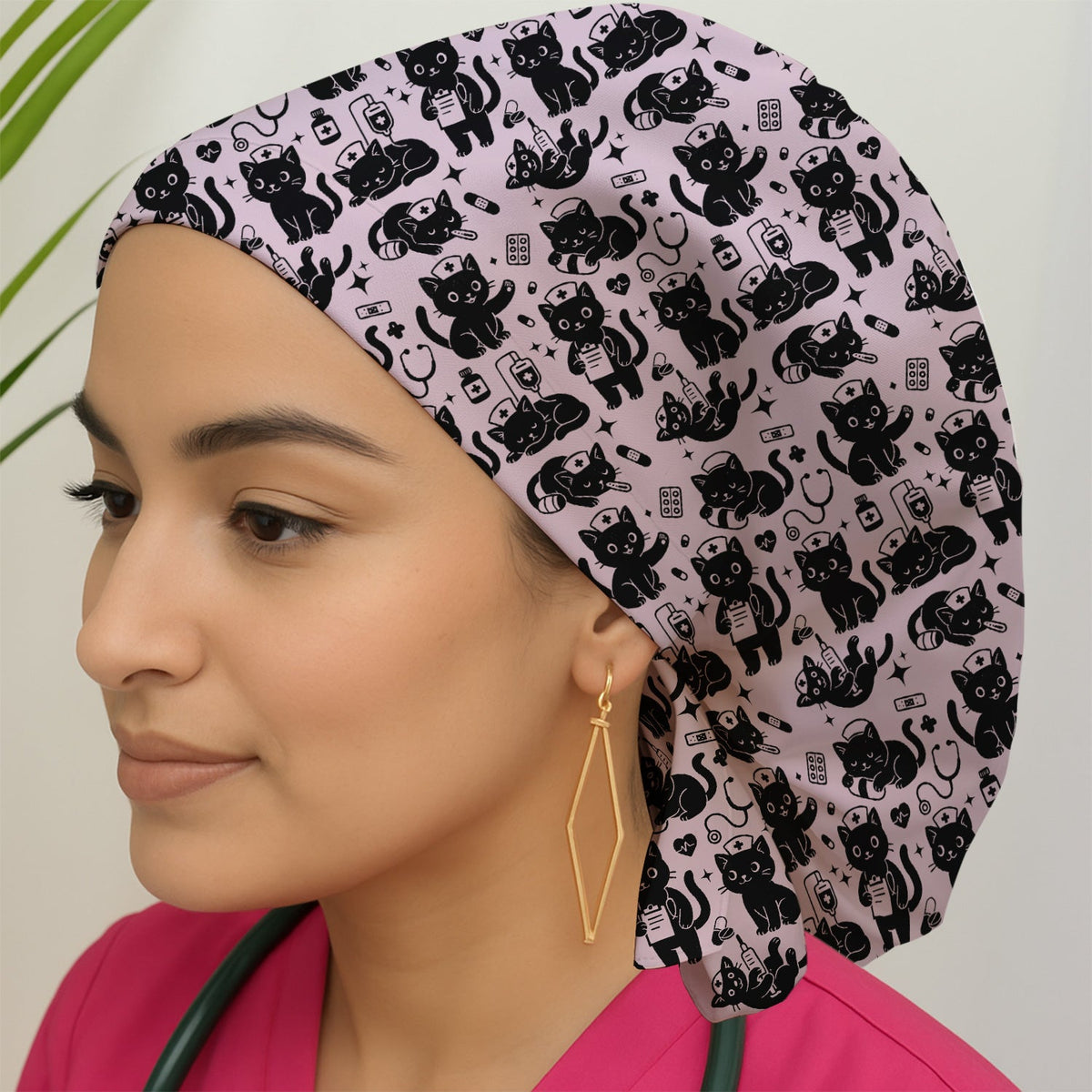 Cute White Black Cat Nurse Scrub Cap