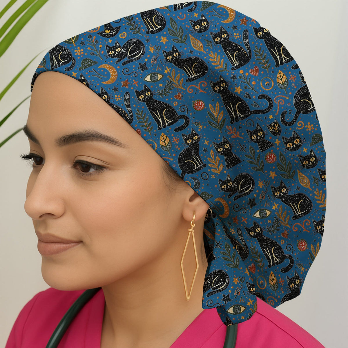 Mystic Black Cat Celestial Scrub Cap