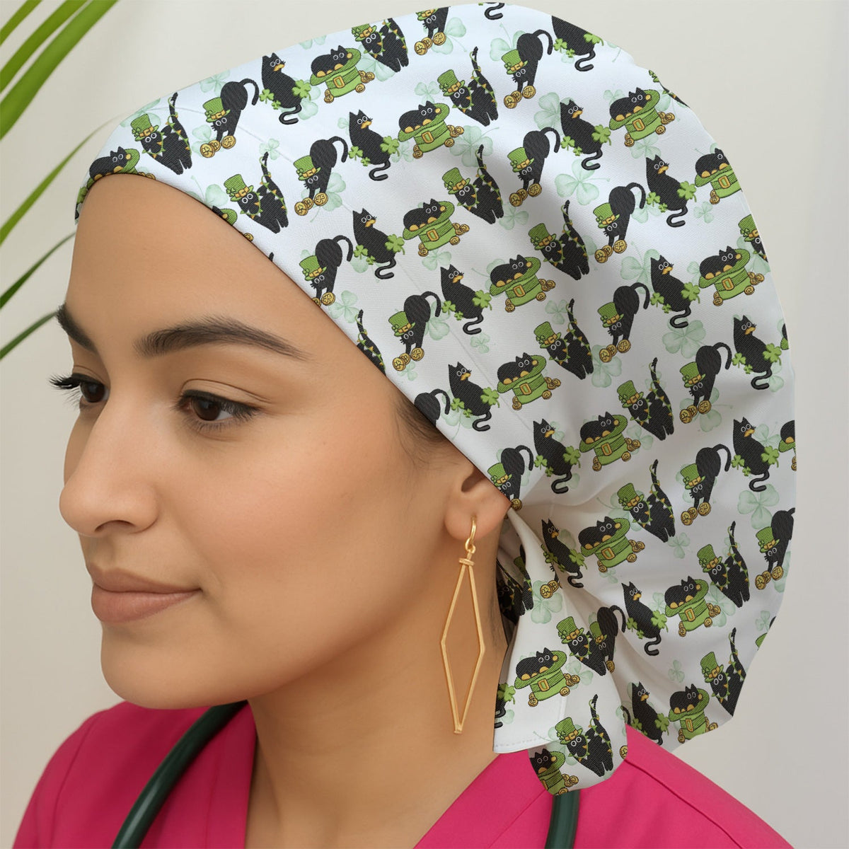 St Patrick Black Cat Clover Scrub Cap