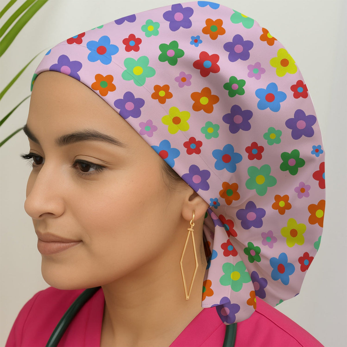 Colorful Retro Flower Scrub Cap