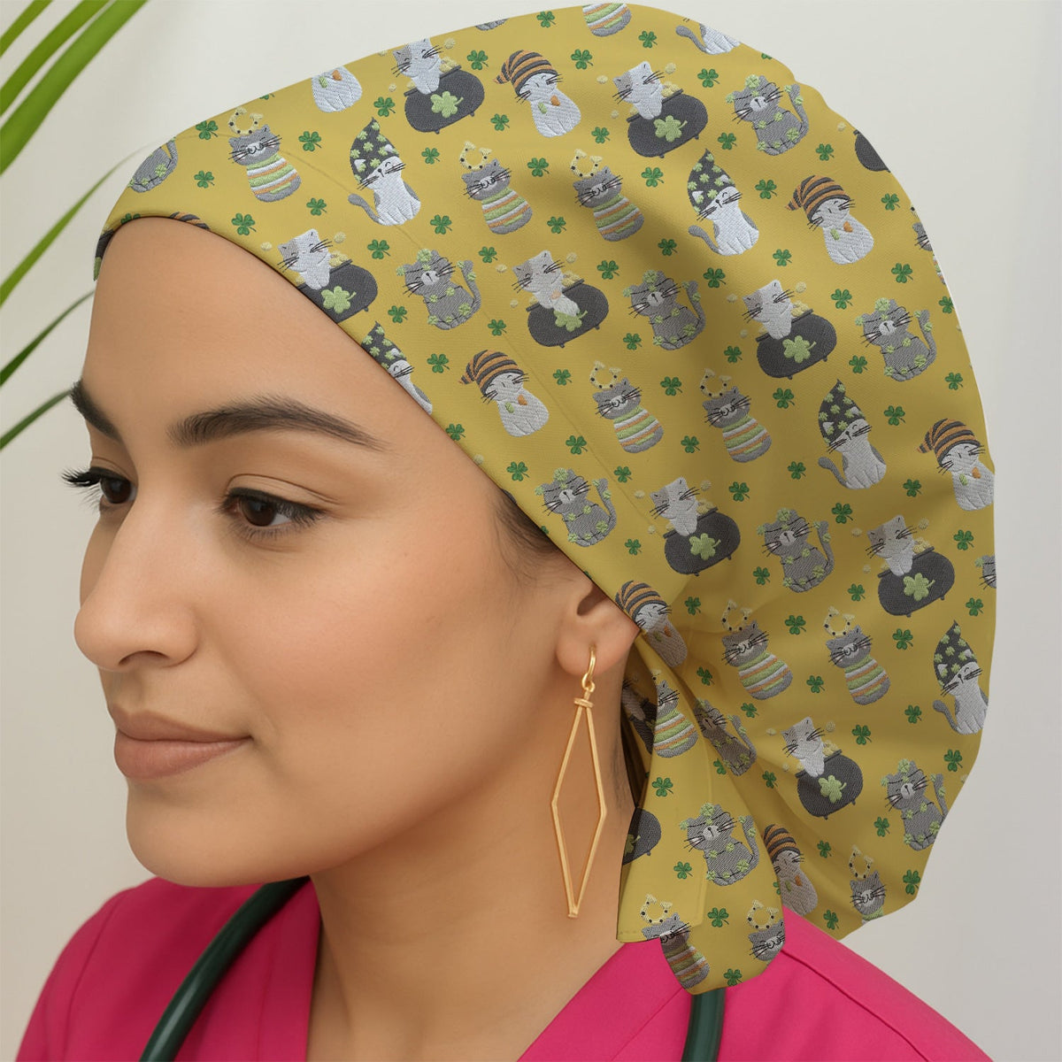 St Patrick Lucky Cat Shamrock Scrub Cap
