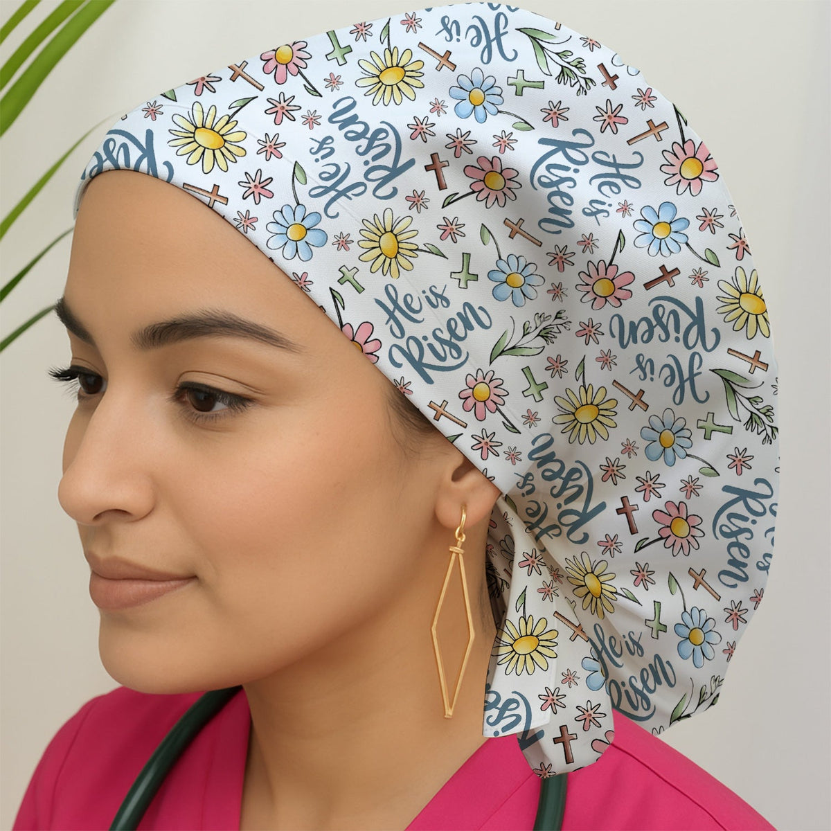 Risen Cross Flower Scrub Cap - Easter Gift For Nurse