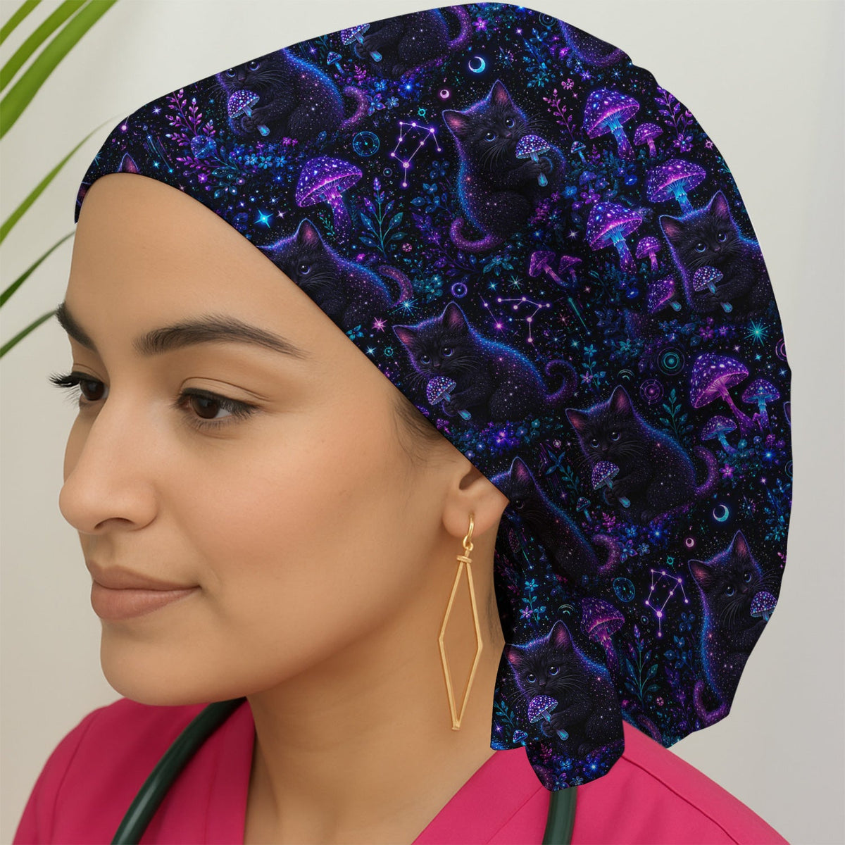 Neon Black Cat Mushroom Galaxy Scrub Cap