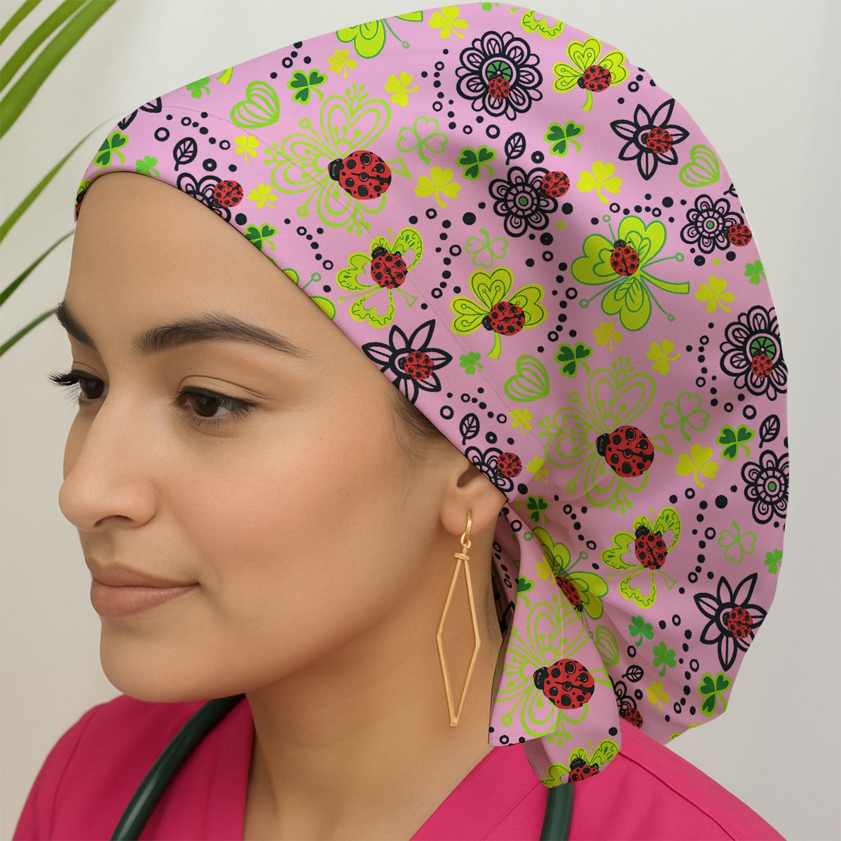 Ladybug Clover Floral Scrub Cap
