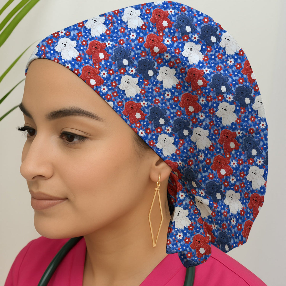 Poodle Floral Garden Scrub Cap