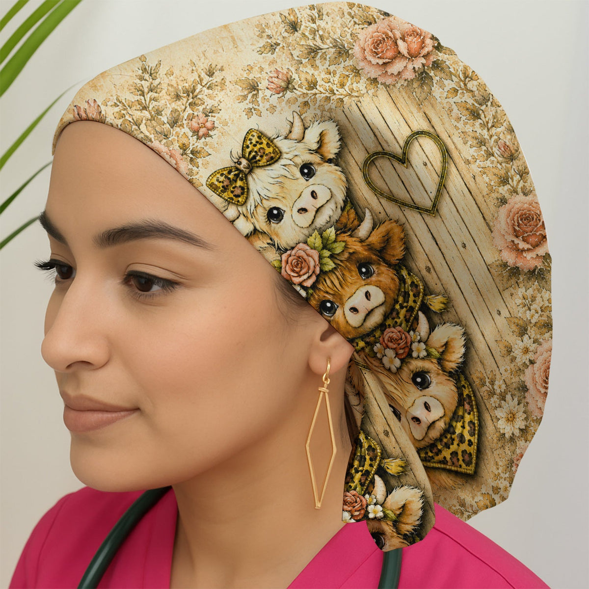 Highland Cow Floral Farmhouse Scrub Cap For Nurse