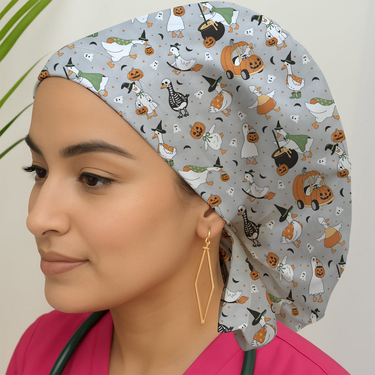 Goose Pumpkin Checkered Scrub Cap - Halloween Gift For Nurse