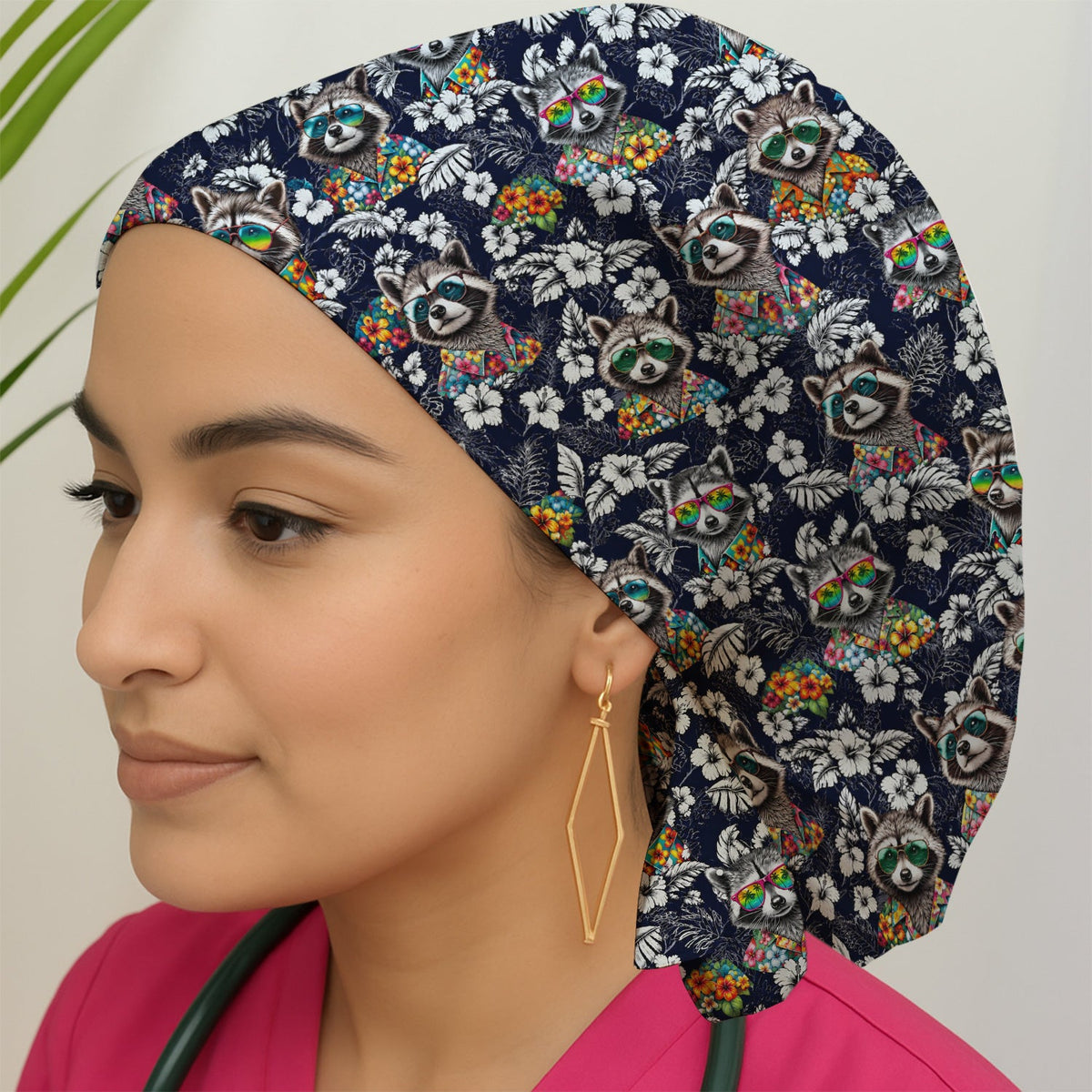 Tropical Raccoon Floral Scrub Cap