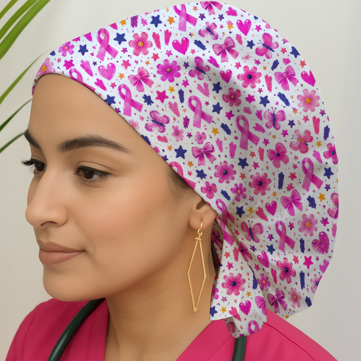 Pink Ribbon Floral Scrub Cap