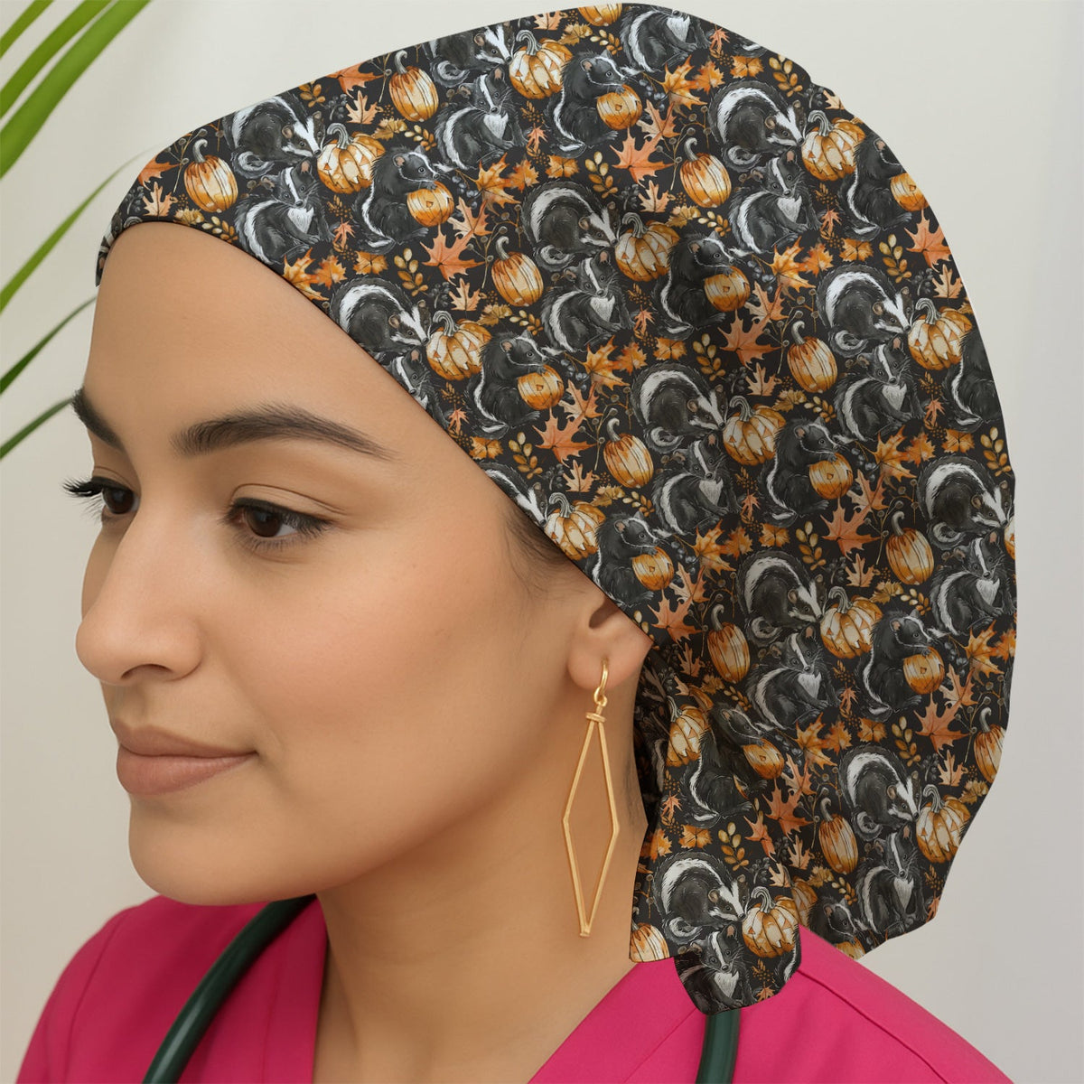 Skunk Pumpkin Autumn Leaves Scrub Cap