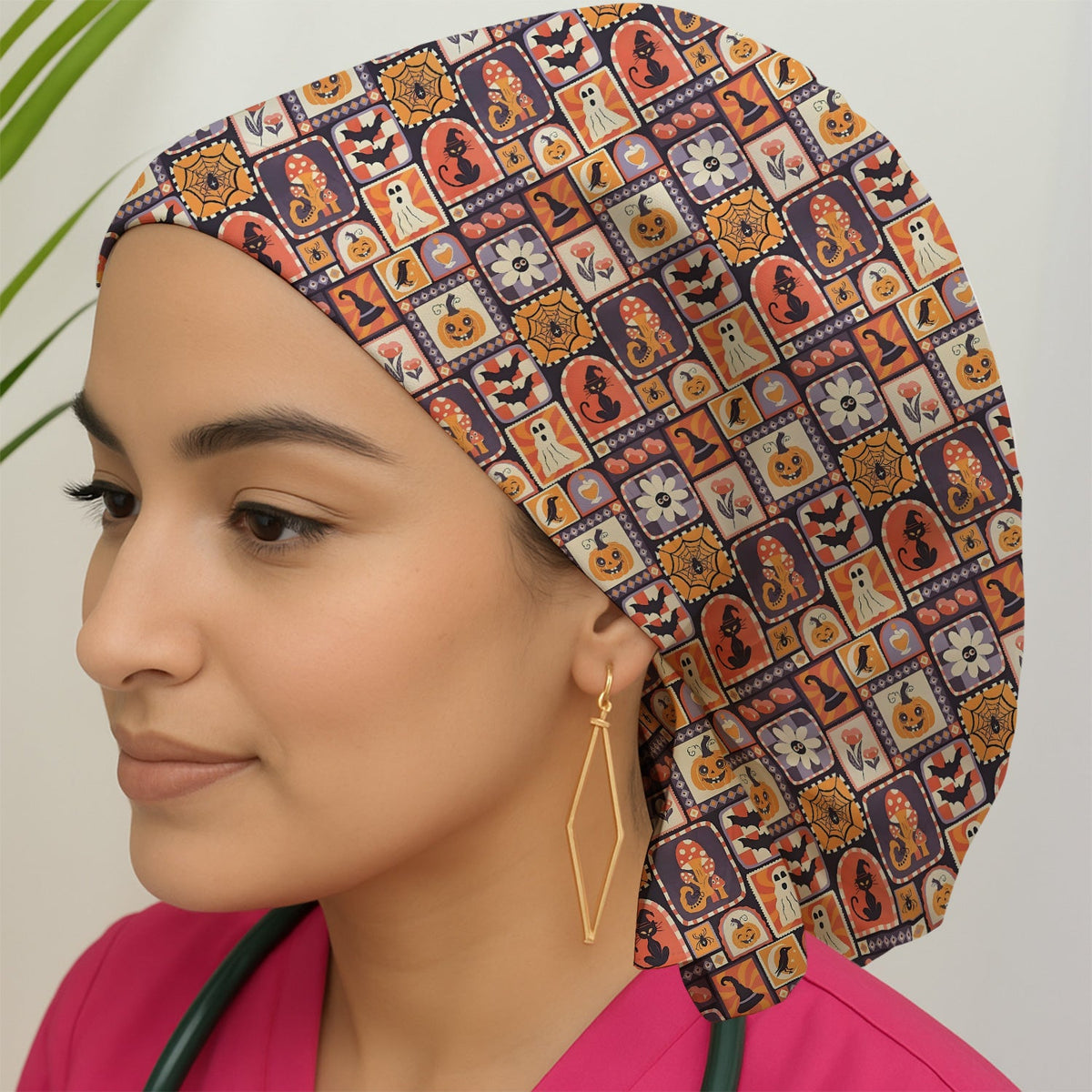 Retro Halloween Patchwork Scrub Cap