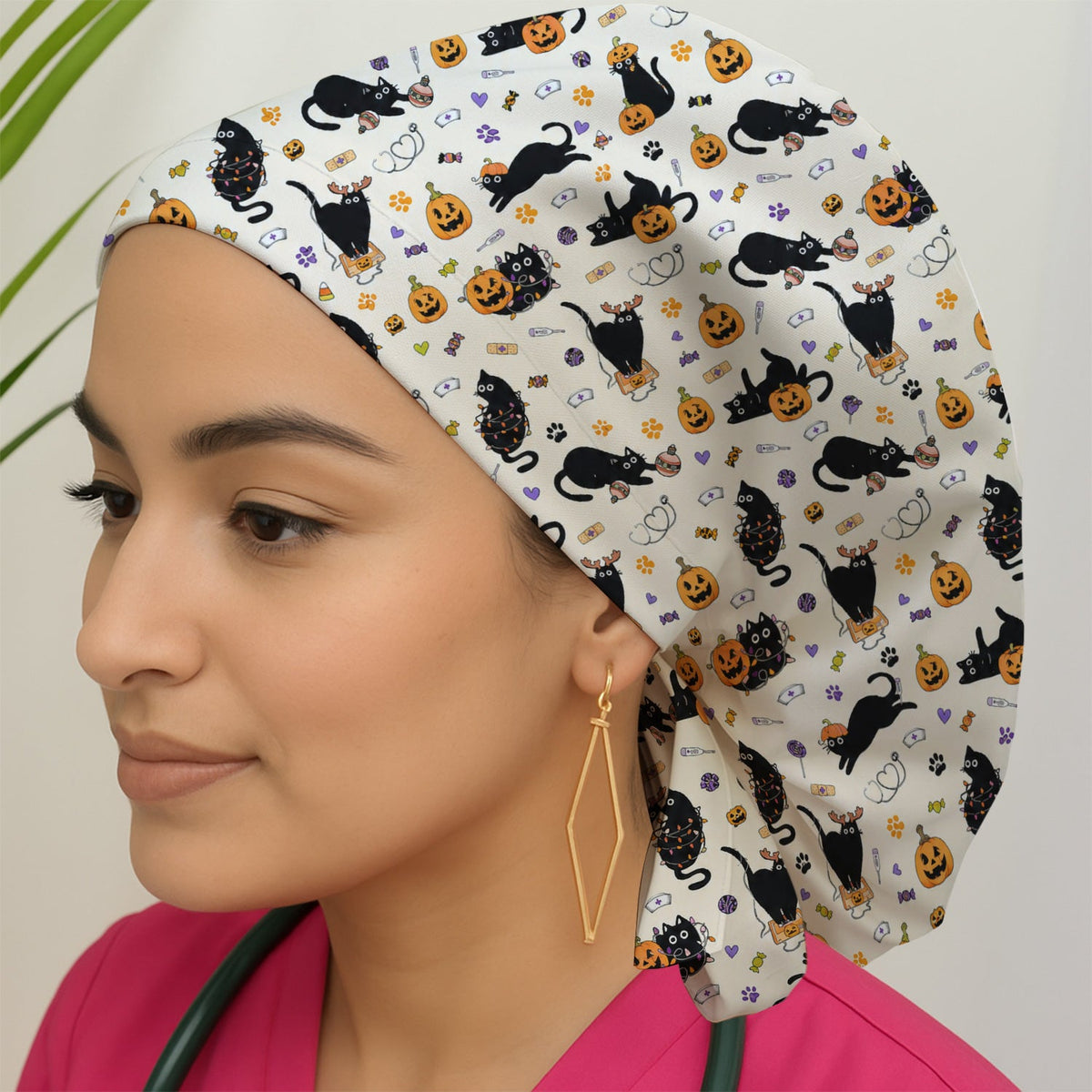 Pumpkin Black Cat Scrub Cap