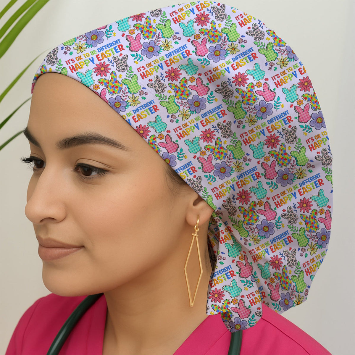 Bunny Floral Scrub Cap - Easter Gift For Nurse
