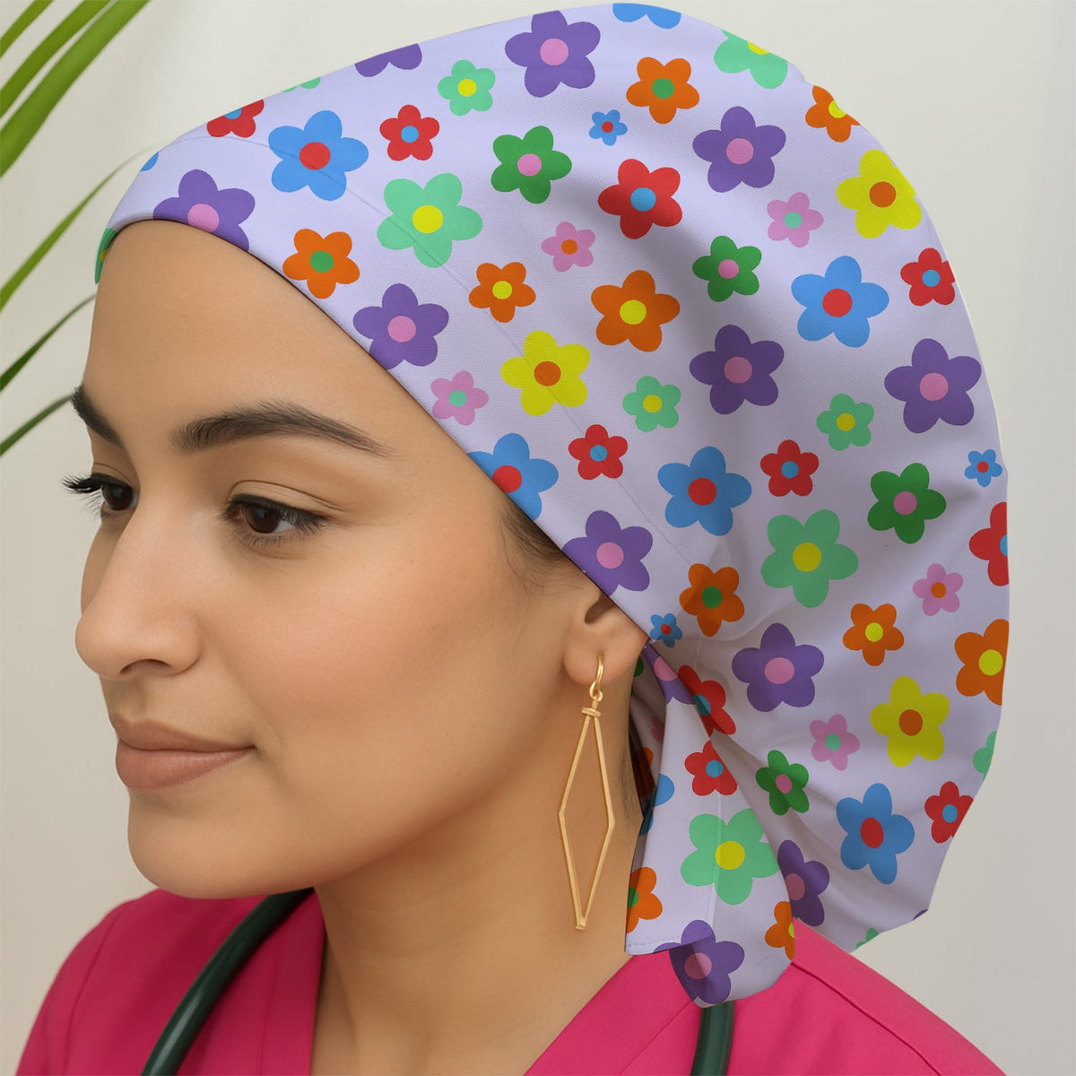 Colorful Retro Flower Scrub Cap