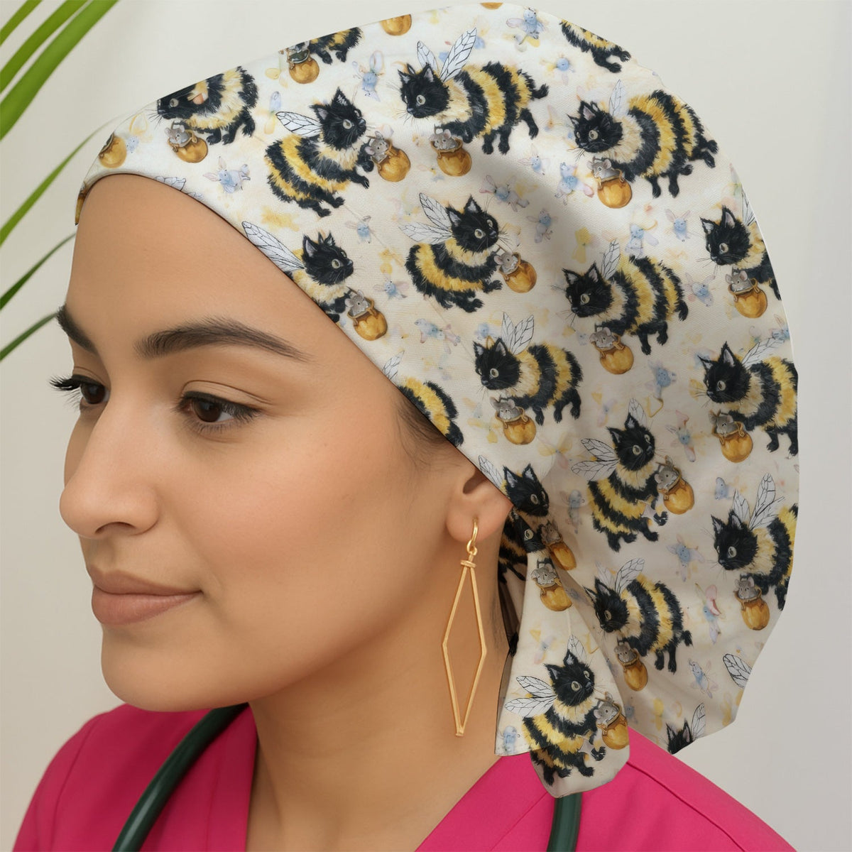 Adorable Bumblebee Cat Honey Jar Scrub Cap