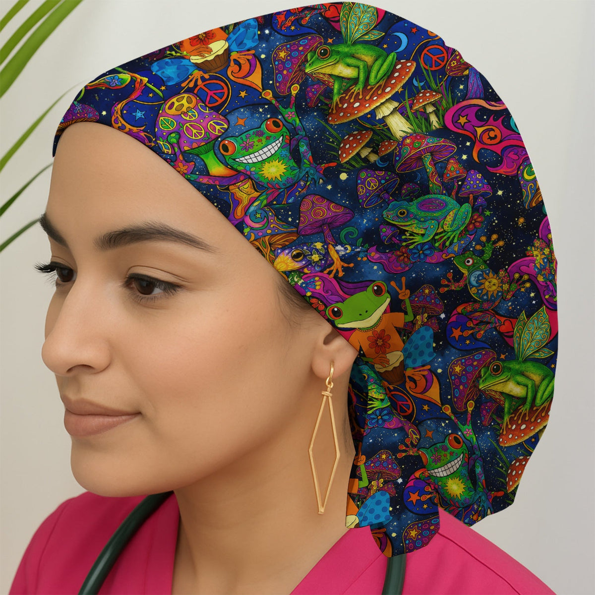 Psychedelic Frog Mushroom Peace Scrub Cap