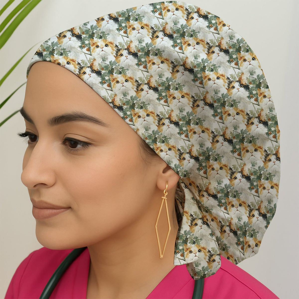 Fluffy Calico Cat Oak Leaves Scrub Cap