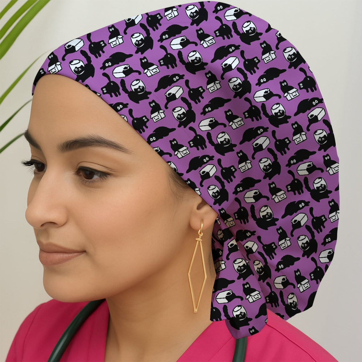 Dark Playful Cat Scrub Cap