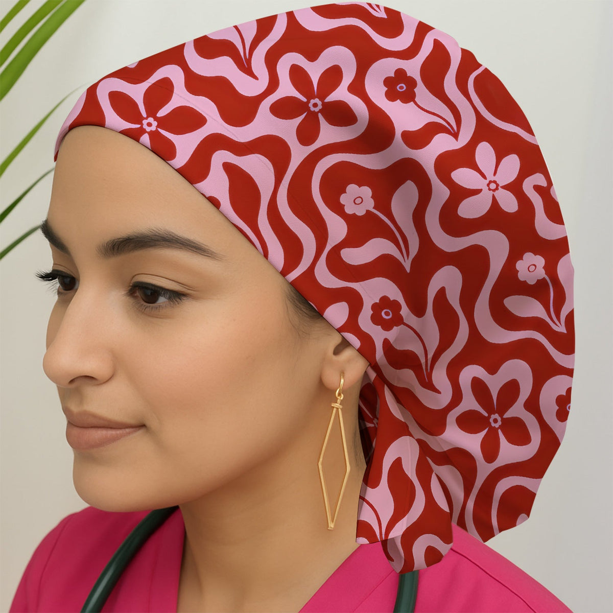 Retro Pink Floral Groovy Scrub Cap