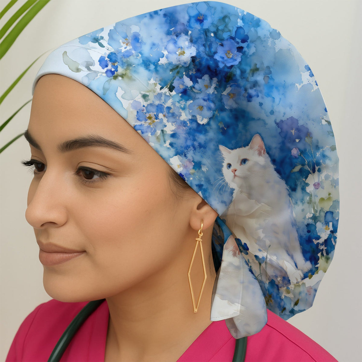 Adorable Blue Floral White Cat Scrub Cap