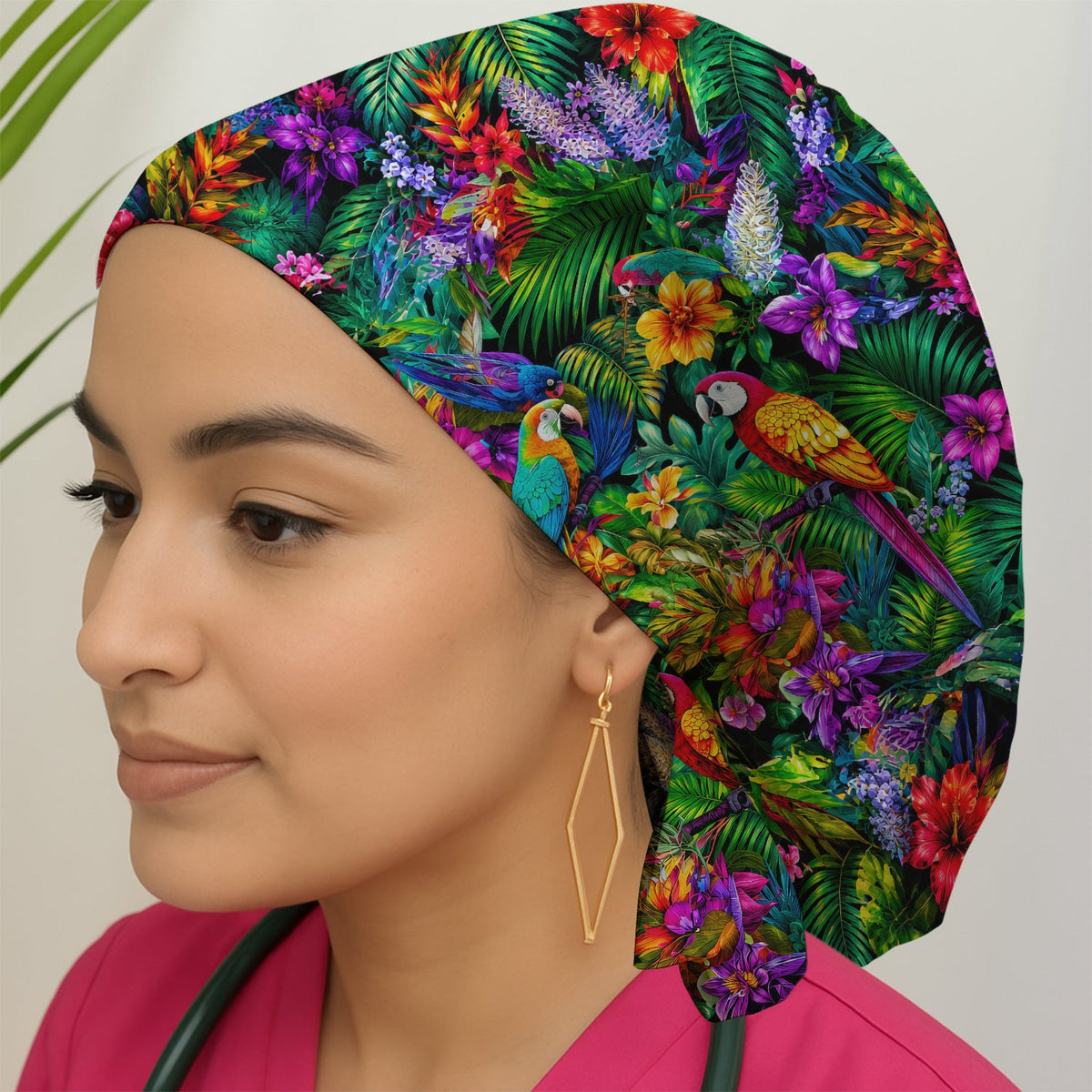 Tropical Parrot Jungle Blossom Scrub Cap