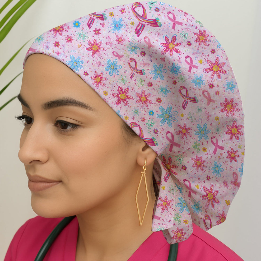 Floral Breast Cancer Awareness Scrub Cap