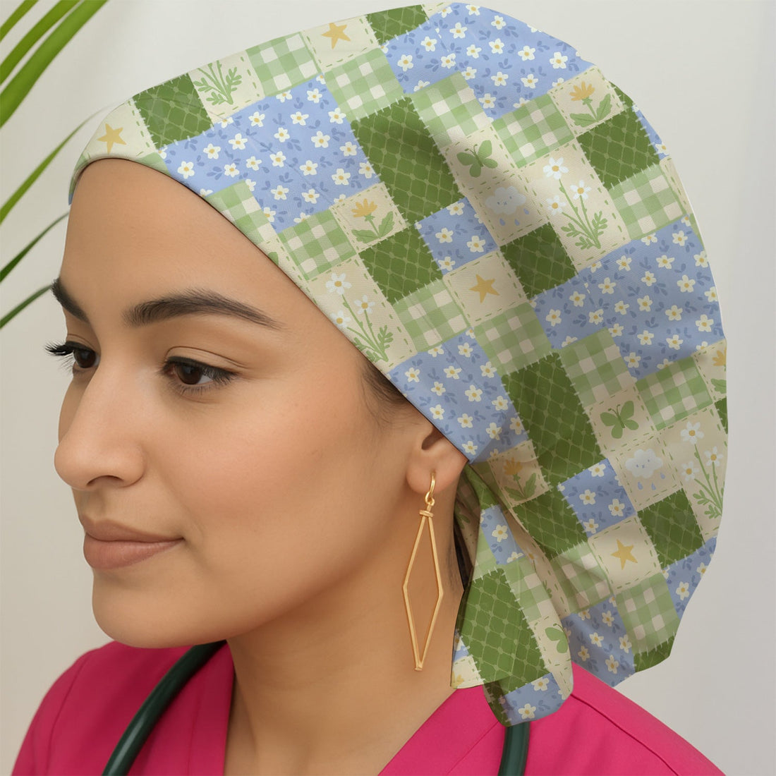 Green Patchwork Clover Floral Scrub Cap