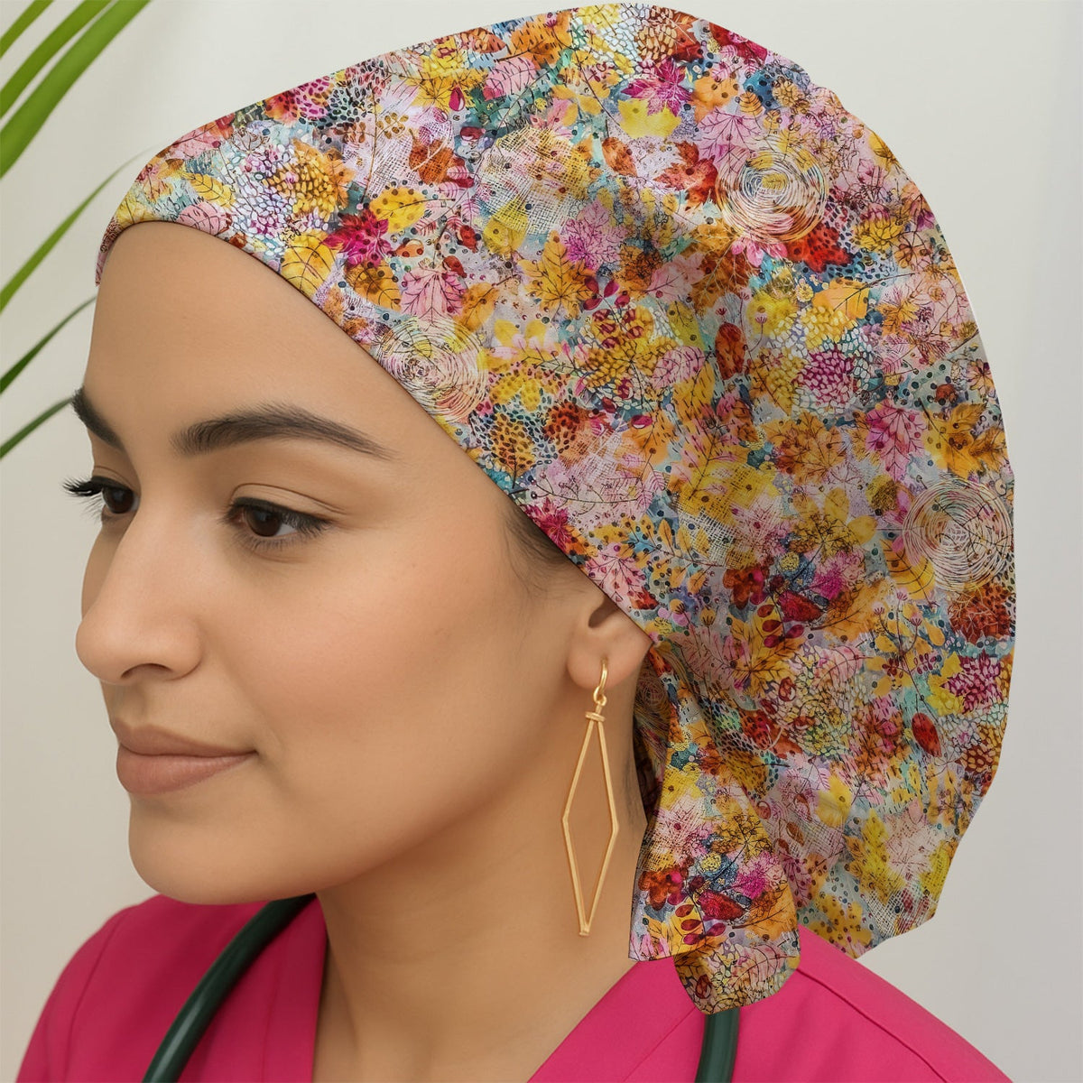 Autumn Floral Leaves Scrub Cap