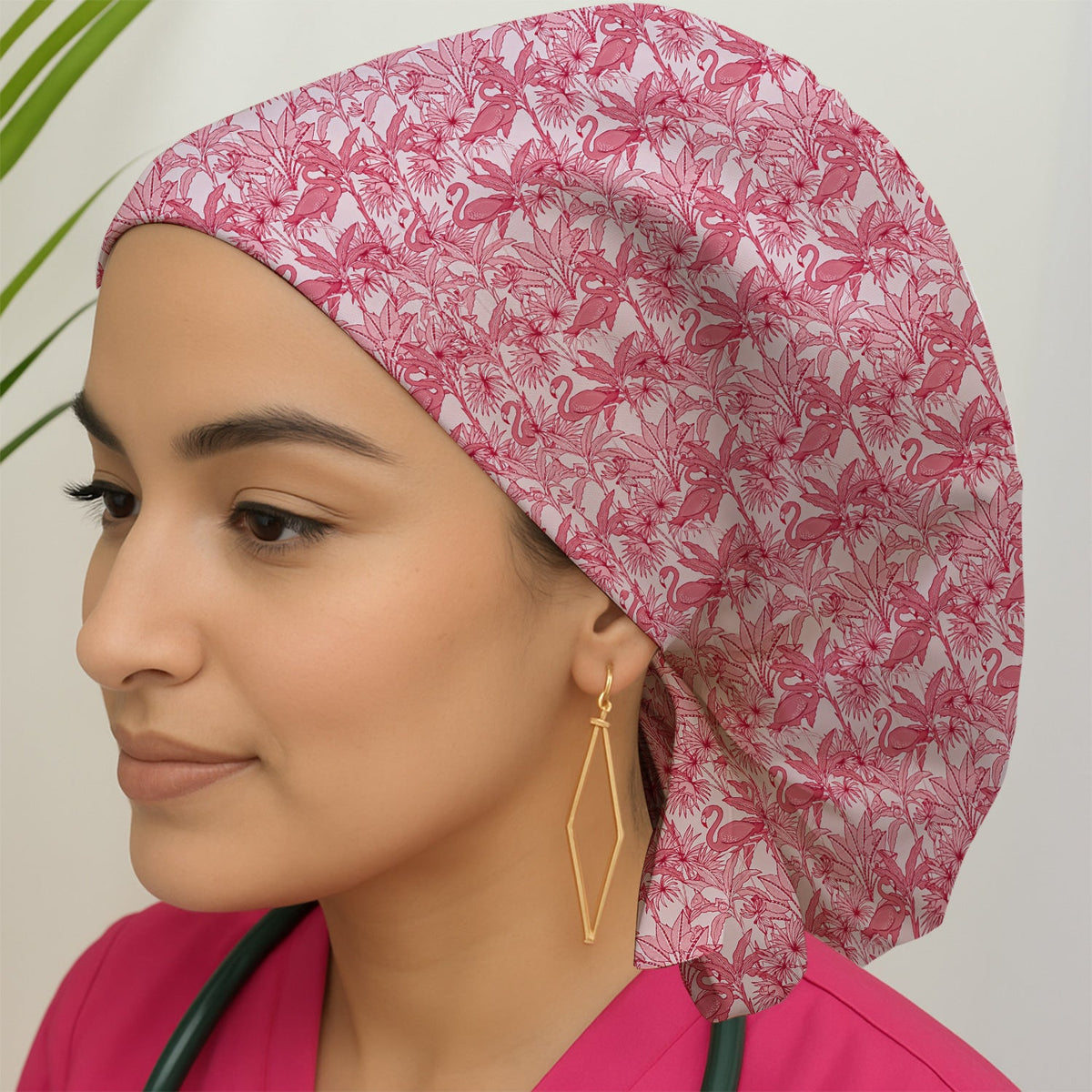 Tropical Flamingo Palm Leaves Scrub Cap