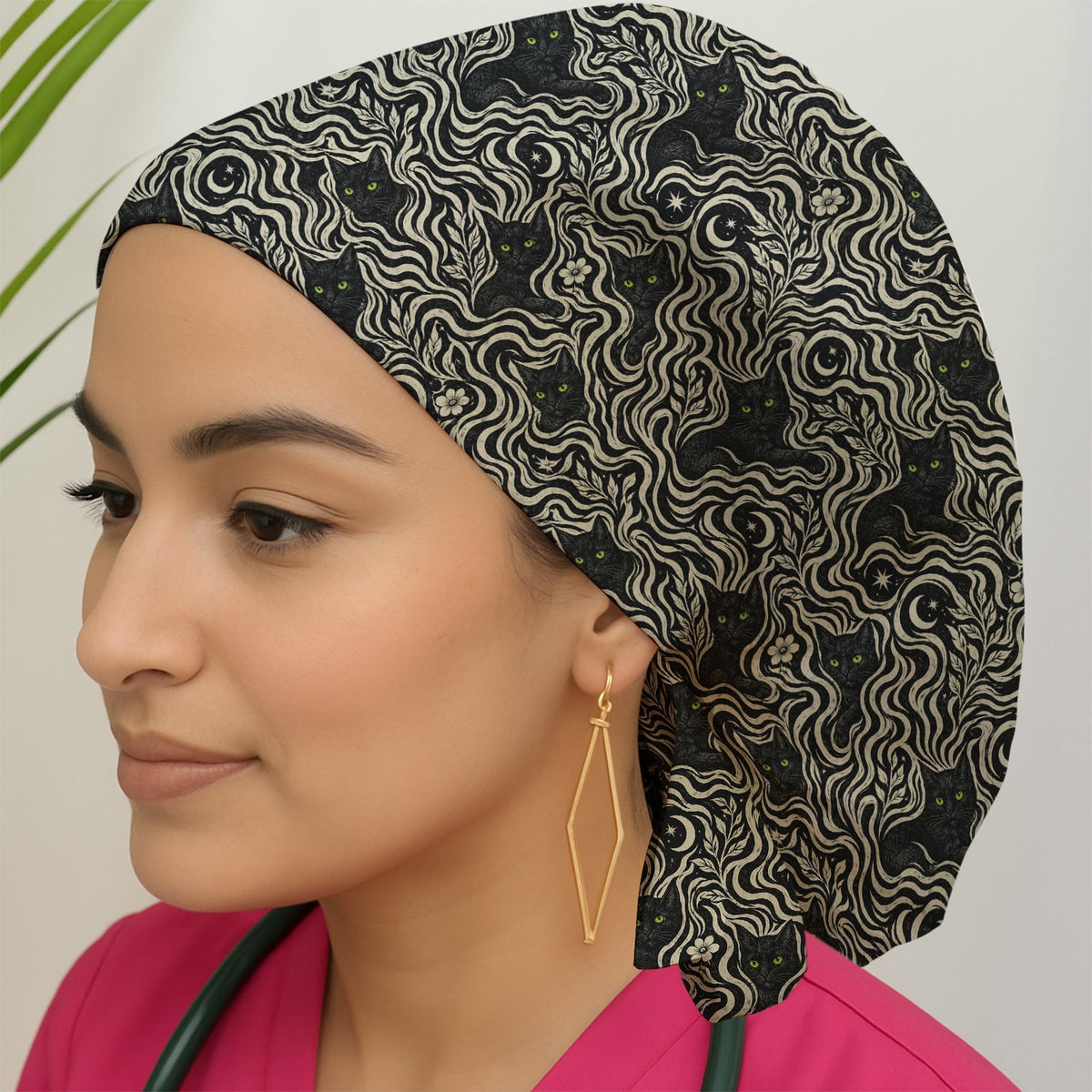 Mystical Black Cat Moonlit Scrub Cap