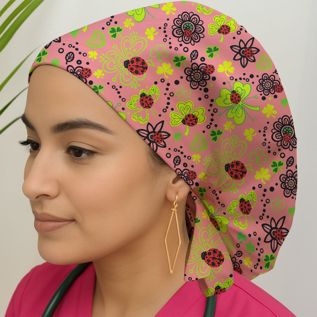 Ladybug Clover Floral Scrub Cap