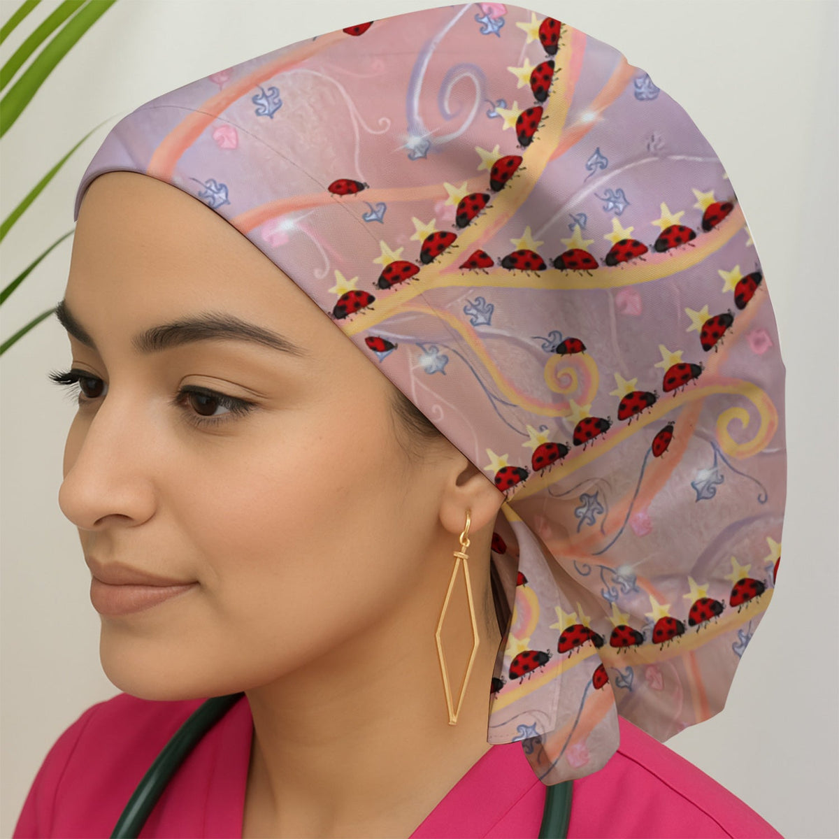 Ladybug Star Vine Swirl Scrub Cap