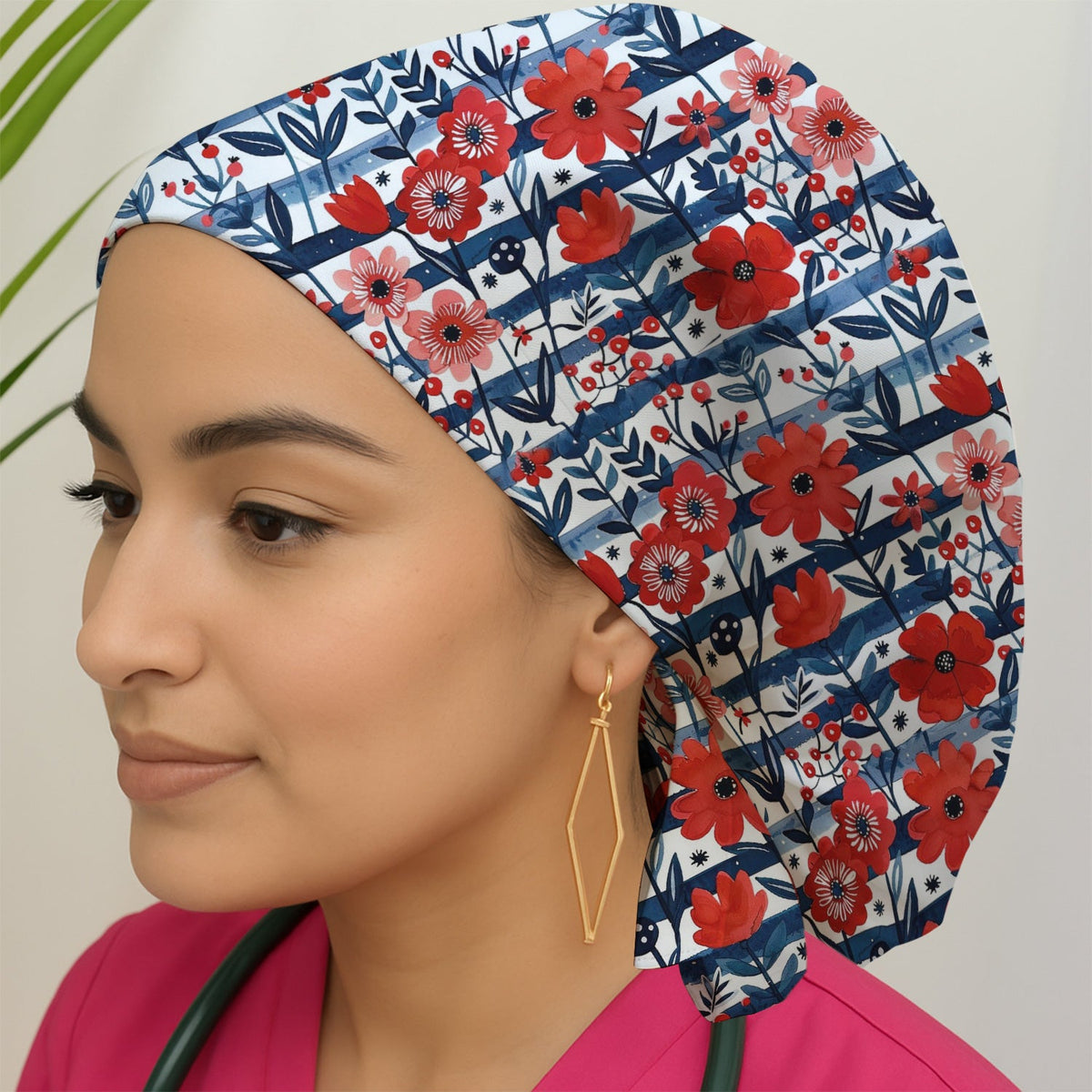 Red Poppy Navy Stripe Scrub Cap