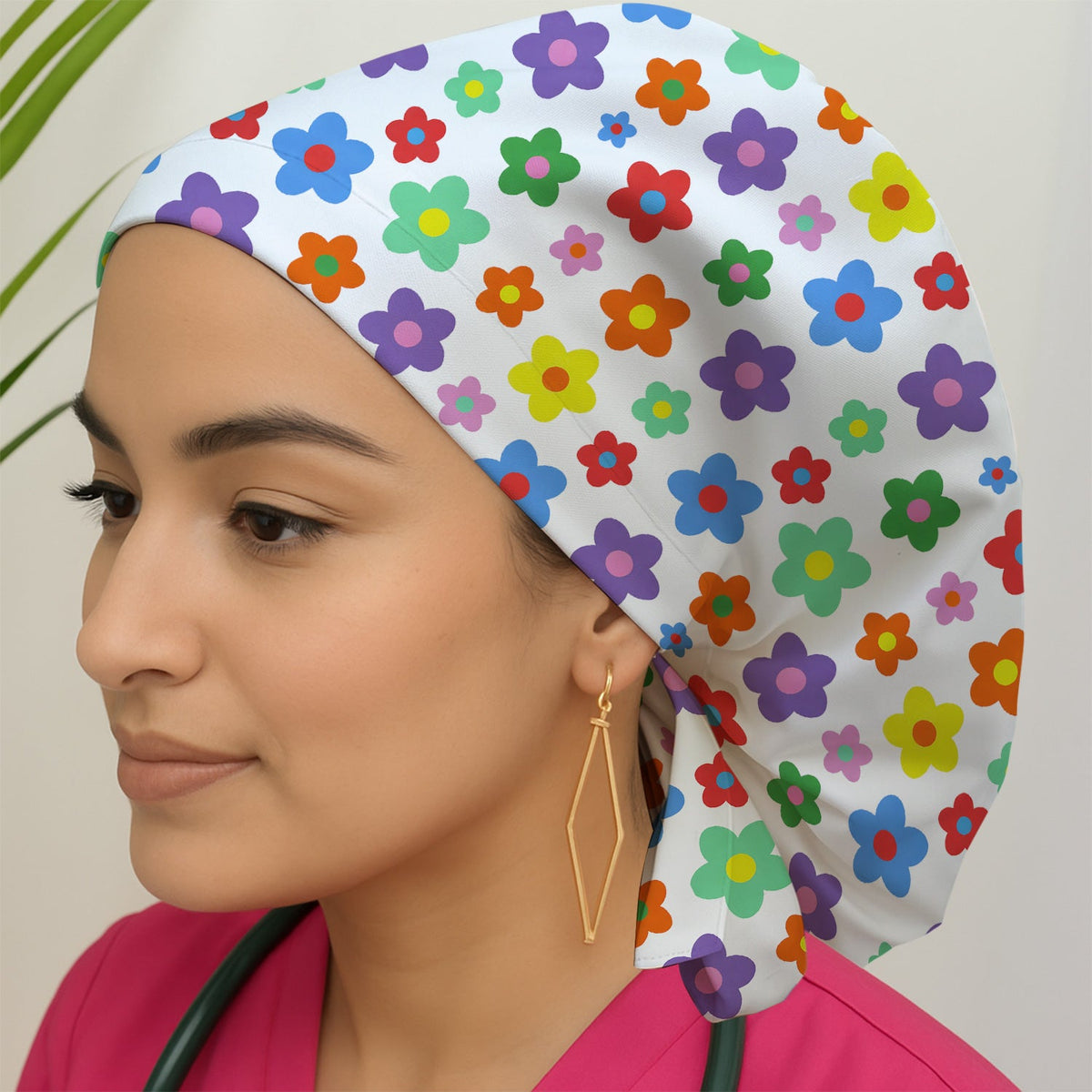 Colorful Retro Flower Scrub Cap