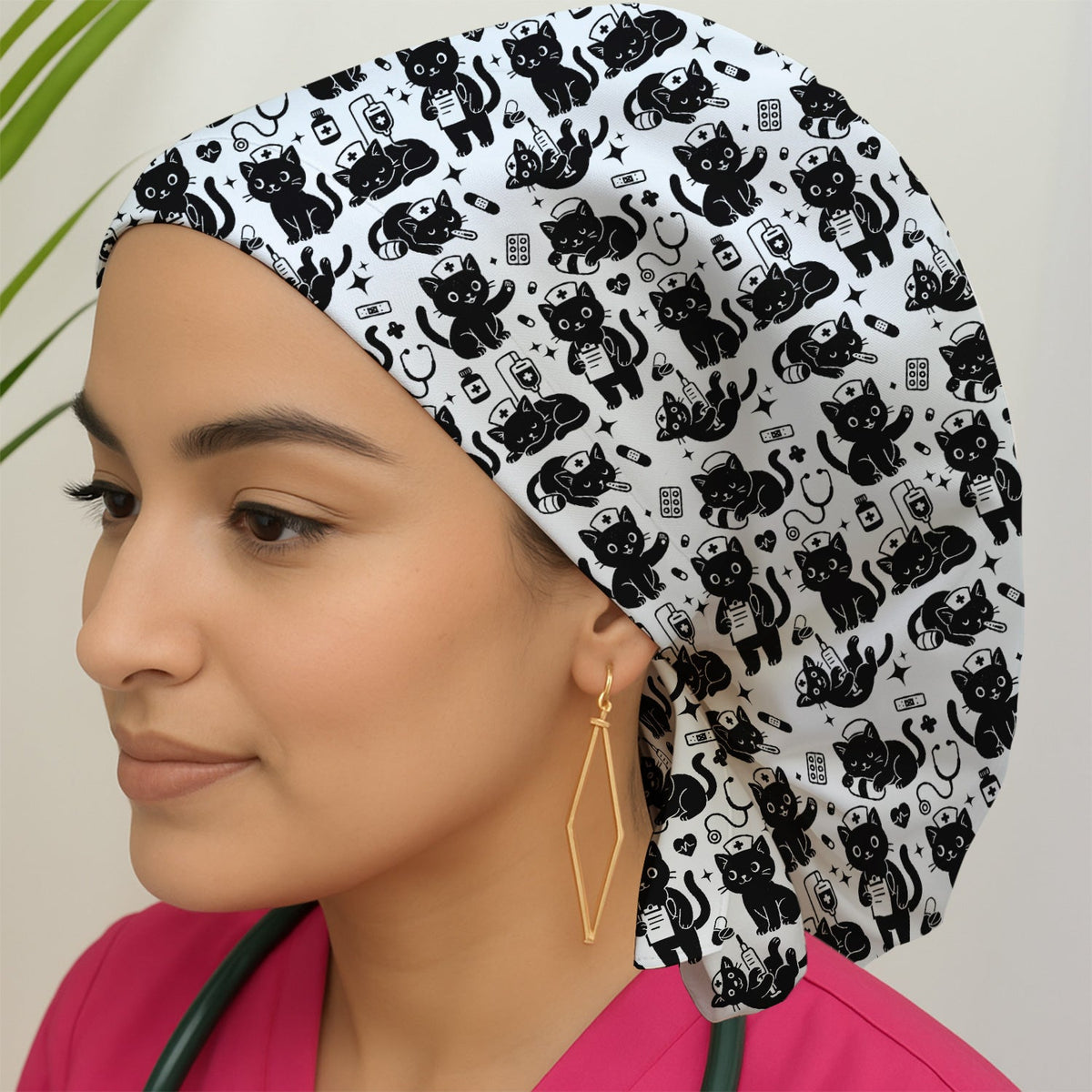 Cute White Black Cat Nurse Scrub Cap